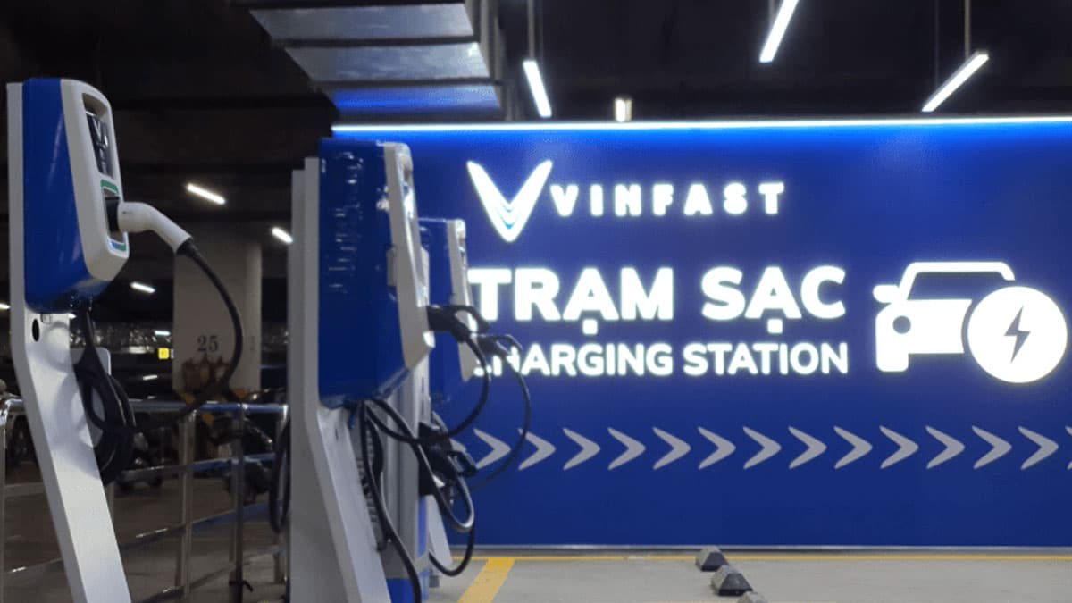 VinFast charging station with blue branding and white charging equipment